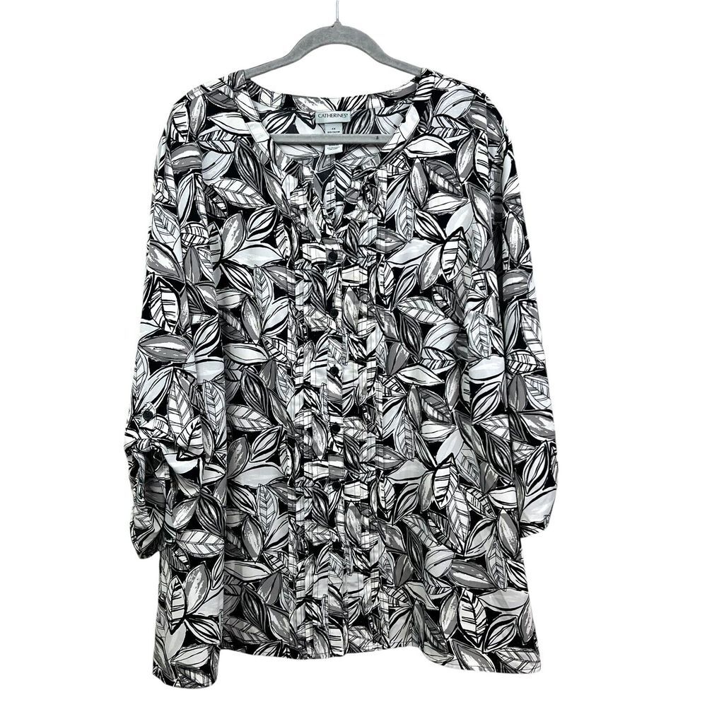 Catherines Women Top Blouse Floral Pleated VNeck Roll Tab Sleeve Black White 4X*